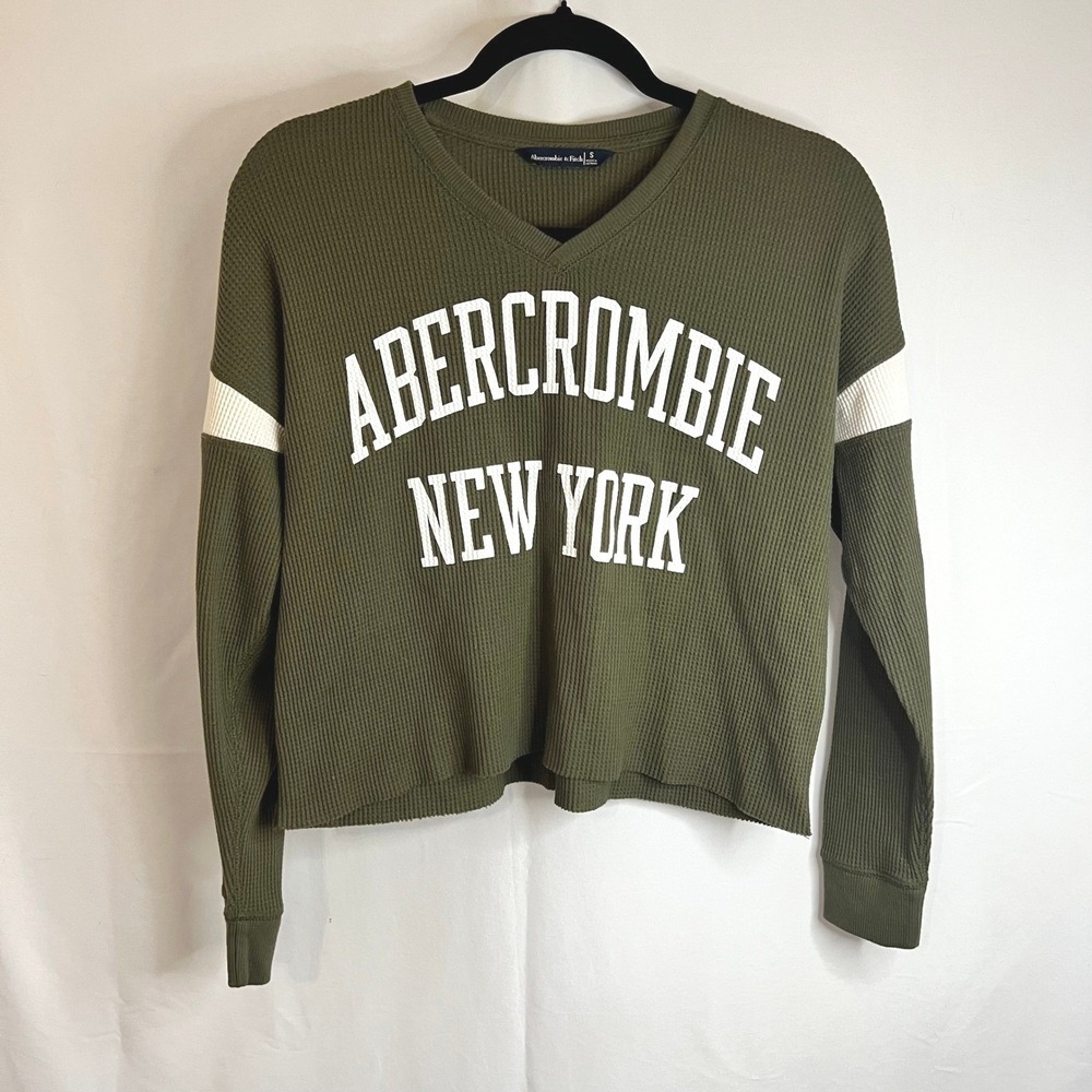 Abercrombie & Fitch Crop Top Small Green Waffle Knit Long Sleeve V Neck Logo